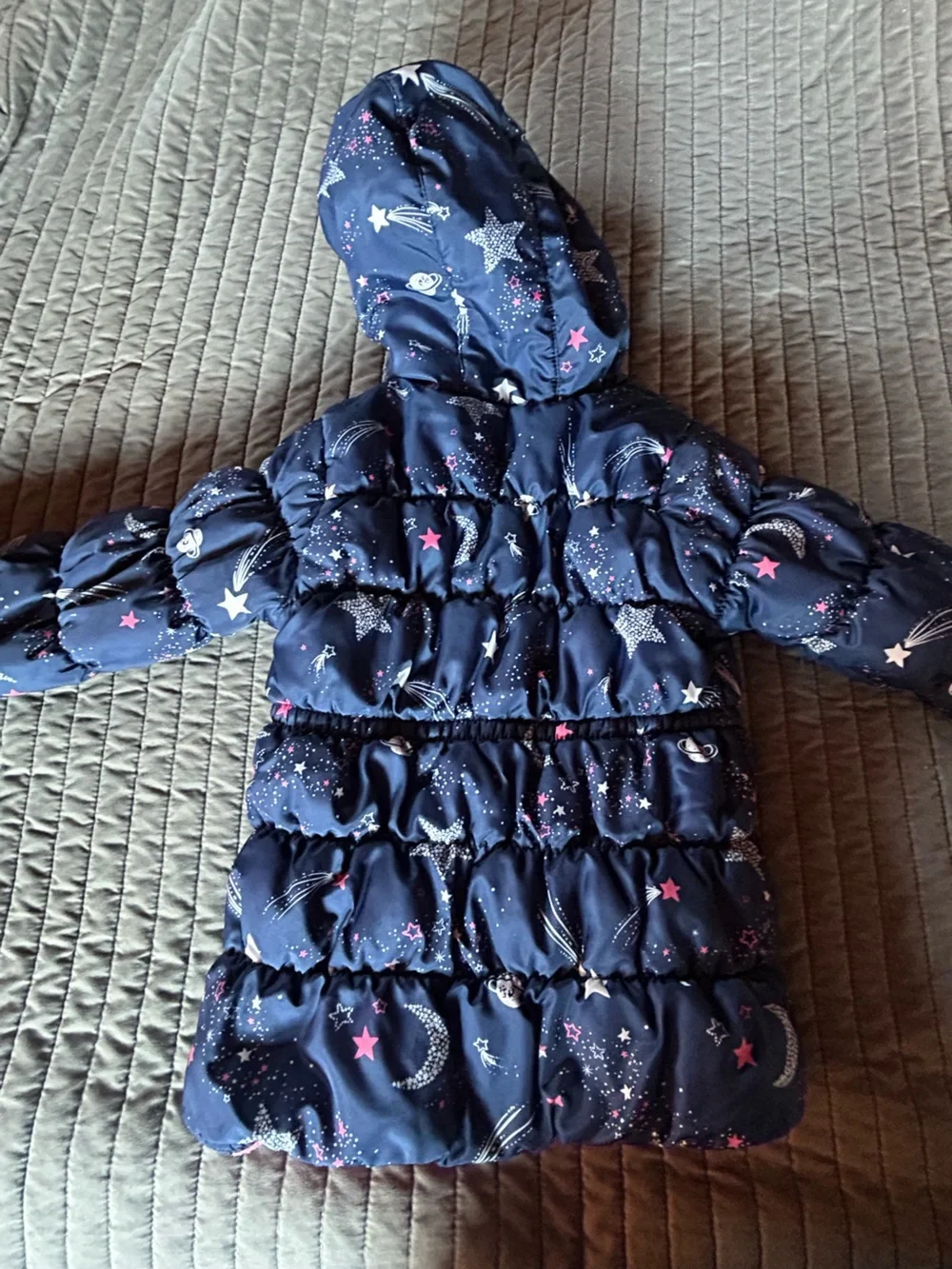 Carter's navy Star-Print Puffer Coat with Pink Lining and Faux Fur Hood